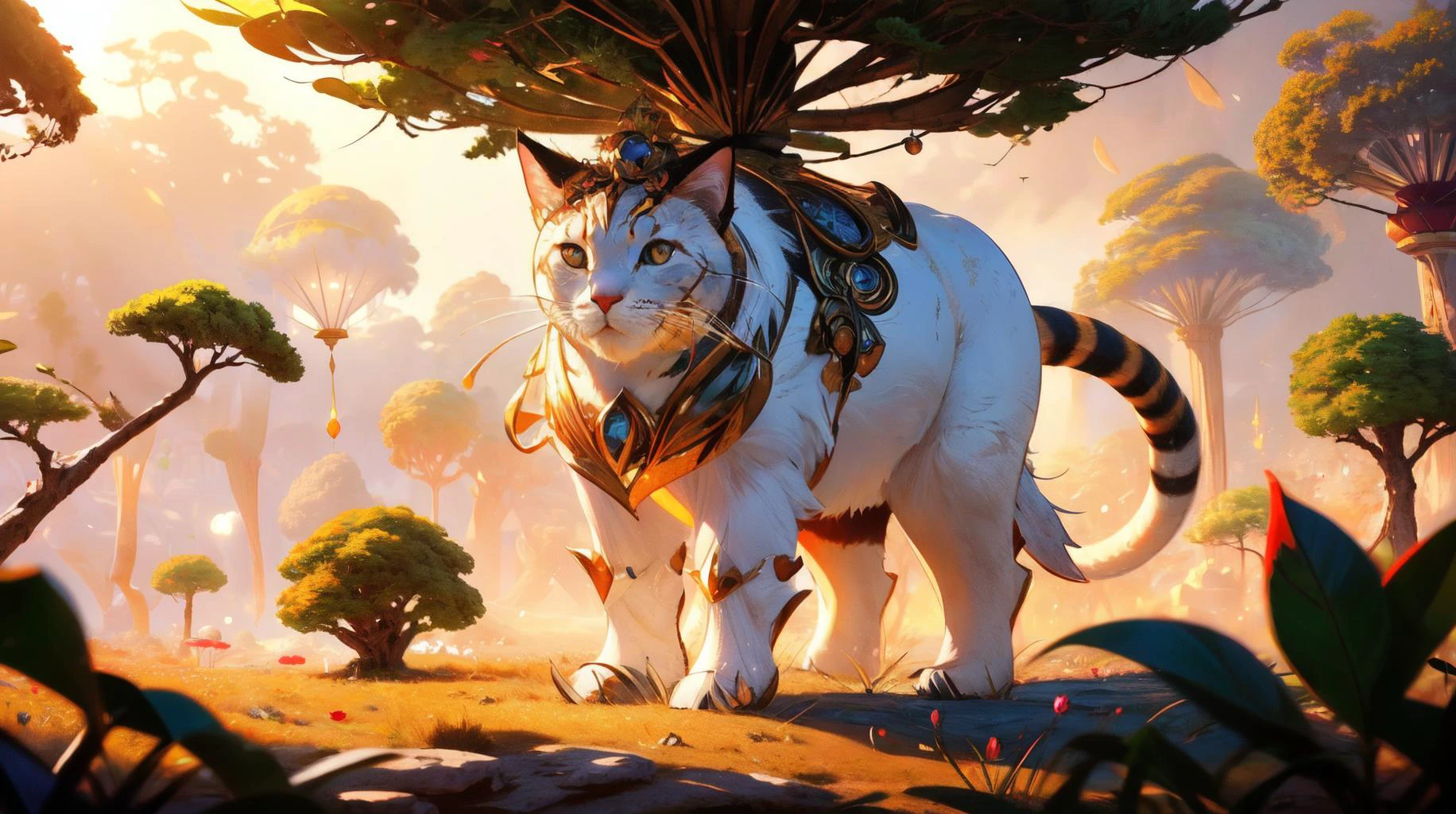 (masterpiece, best quality, fullscreen), [(full body:1.0)::0.2] (photo of a big vegetal [magical being:vegetal creature:0.2] Spherical in a lush forest:1.3), <lora:EYES EyesGen:0.5> intricate iris, (Irregular vegetal skin:1.3), (one Carmine Spur flowers on the head:1), (Antique Spherical body with Feline head and with two Tentacle:1.2), (Golden Hour lighting:1.1), <lora:EFFECT NatureMagic:0.25> naturemagic, MAGICAL ENERGY, <lora:EFFECT Gloomifier_V2_TheGlow:-0.6>, <lora:MONSTER Creature:0.1> creature, , (look at the viewer:1), <lora:SLIDER muscle_slider_v1:-0.5>,<lora:LIGHT kkw-HDR-v1.0a:0.5> kkw-HDR, <lora:QUALITY kkw-better-v1.0a:0.2>, <lora:QUALITY PotatEnhancer_V1_6:0.2>, <lora:QUALITY add_detail:0.2>, (Full body Shot, Shallow Focus Shot, Low Angle Shot:[1.2:0.5:0.1]), heavily detailed, , , (sharp focus), <lora:EFFECT Magic card fakemtg_label:1> fakemtg, (no humans), ntricate, elegant, highly detailed, digital painting, artstation, concept art, smooth, sharp focus, illustration, octane render, art by Leesha Hannigan, Ross Tran, Thierry Doizon, Kai Carpenter, Ignacio Fernández Ríos