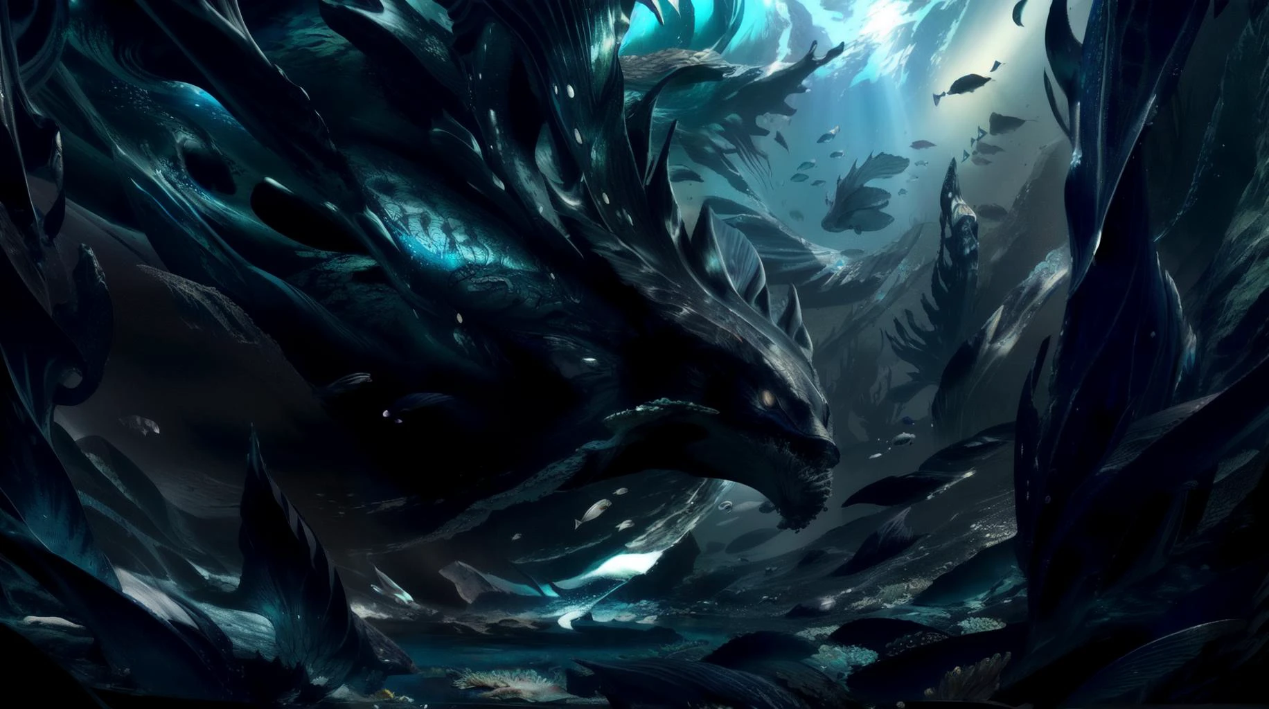 (masterpiece, best quality, fullscreen), [(full body:1.1)::0.6] portrait (photo of a colossal underwater Chitinous water [magical being:creature:0.2]:1.4), <lora:EYES EyesGen:0.1> (intricate iris:1.2), (scaled holo skin:1.4), (Fierce:), (Feathered body shape:0.9), (Crazy head:0.9), (Bull Horns:0.9), <lora:EFFECT water_concept-10:0.3> (fullwater:1.1), <lora:EFFECT watercd-000010:0.5> (watercd:1.1), <lora:MONSTER Small_Mostersv2:0.5> (Fantz cartoon monster:1.1), (underwater landscape), (Swirling water flow:1.3), , <lora:BACKGROUND depths-fC_v1.1:0.5> depths-fc, (Red Deep Sea Darkness lighting:1.1), <lora:BACKGROUND Scene_SS.safetensors:0.2>, , (look at the viewer:1), <lora:EFFECT gl0w1ngR3Civit.safetensors:0.5> (gl0w1ngR:1.2), (Full body Shot, Shallow Focus Shot, Low Angle Shot:[1.2:0.5:0.1]), <lora:LIGHT epi_noiseoffset2:0.3>, <lora:LIGHT kkw-HDR-v1.0a:0.2> kkw-HDR, <lora:QUALITY add_detail:0.1>, <lora:BACKGROUND booscapes_v2:0.1>, heavily detailed, haunting, (asymmetric composition:1.5), (sharp focus), , <lora:BUILDING German_architecture_last:0.6>, (no humans), (embedding:VIEW_Style-DoF), ntricate, elegant, dof draw9.5, baku, black and white, space scene,, space scene, artstation, ambient light, concept art, stunning matte painting, hdr on-processing  0.5