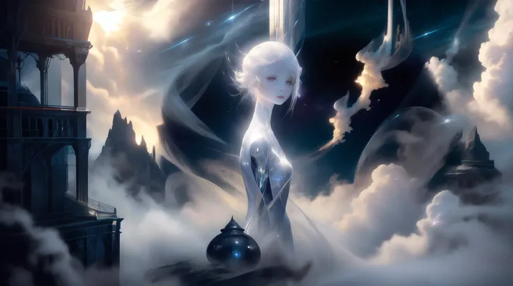 (masterpiece, best quality, fullscreen), [(full body:1.0)::0.3] portrait (photo of a ghostly [magical being:soul being:0.2]:1.3), aether energy leak, , <lora:EYES shirome:0.4> shirome, (ethereal Gleaming ghostly Skin texture:1.2), (humanoid body with humanoid head:1.3), <lora:EFFECT ç»ªå¿-å·¨åå¤§å¤©ä½¿V2 angel:0.4> Angel, <lora:EFFECT luminous body-000007:0.1>, <lora:MONSTER ral-zhibi-sd15:0.1> zhibi, (solid light white ink clouds Drifting around:1.2), (A grand celestial library containing boundless knowledge and wisdom background:1.3), (Lightning lighting:1.2), <lora:EFFECT WorldofMist:0.8> worldofmist, (pure white global tone:1.4), <lora:QUALITY Space - [Background] - Version 1:0.4>, , (look at the viewer:1), <lora:SLIDER muscle_slider_v1:-0.5>,<lora:LIGHT kkw-HDR-v1.0a:0.3> kkw-HDR, <lora:LIGHT NOISEOFFSET_V2_BY_STABLE_YOGI:0.5> dimly lit, two-tone, low key, <lora:QUALITY add_detail:0.5>, <lora:QUALITY kkw-better-v1.0a:0.1>, <lora:BACKGROUND booscapes_v2:0.2>, (Full body Shot, Shallow Focus Shot, Low Angle Shot:[1.2:0.5:0.1]), heavily detailed, , , (sharp focus), <lora:EFFECT Magic card fakemtg_label:1> fakemtg, (no humans), tremely detailed and intricate, stunning, 8K, digital painting, artstation, concept art, smooth, sharp focus, illustration, unreal engine 5, 8K, art by artgerm and greg rutkowski and alphonse mucha
