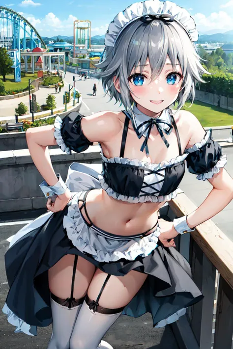 masterpiece, best quality, highres, hn1, small breasts, garter straps, midriff, maid headdress, black skirt, maid, waist apron, bare shoulders, white thighhighs, crop top, miniskirt, wrist cuffs, short sleeves, ribbon, <lora:honjo_nia_v1:0.7>, hand on hip, smile, amusement park, from above, outdoors,