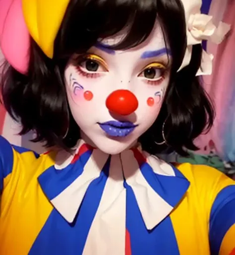 girl portrait , clown girl , clown nose, bouncy clown ,black short hair , beautiful girl , makeup, <lora:Bouncy:0.6>