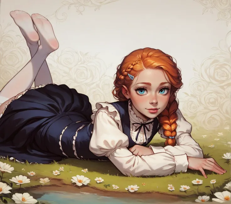 score_9, score_8_up, score_7_up, (realistic:0.6), victorian,
1girl, ginger long hair, braid, blue eyes, pale white skin, petite body, small round breasts, (tan lines:0.6),
cute, adorable, (smile:0.5),
hairclips, white blouse frilled, black skirt, (pure-white stockings:1.1),
lying on grass, on stomach,
shadows, hard shadow, thick outlines, (abstract background, intricate background:1.2),
rating_questionable
