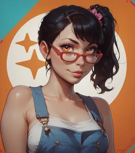 ((1girl, nico robin, nico robin from one piece, 1girl, white background, crop top, midriff, navel, sarong, eyewear on head, zipper, Partially unzipped)), upper body, anatomically correct, chibi, simple background, smile, cleavage, looking at the viewer, large hair