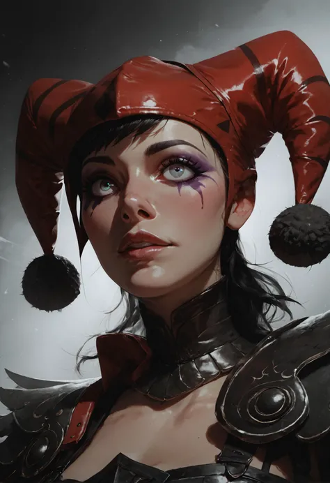 a close up of a woman in a costume with a red and gold suit, wearing a red and black jester hat with a black top, jester hat, fancy funny hat, artgerm julie bell beeple, clown girl, portrait of modern darna, artgerm and lois van baarle, harley queen, jester, artgerm colorful!!!, jester themed, artgerm style, artgerm detailed, portrait of harley quinn