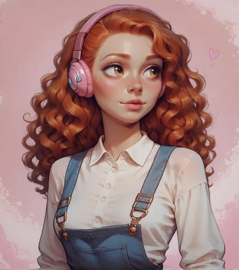 score_9, score_8_up, score_7_up, 1girl, ginger hair, long wavy hair, amber eyes,
white skin, petite body, small perky breasts,
(smile:0.55), (seducive look:0.7), look away,
overalls, white shirt, headphones,
thick outlines, detailed skin, pink lilac intricate background, abstract background,
