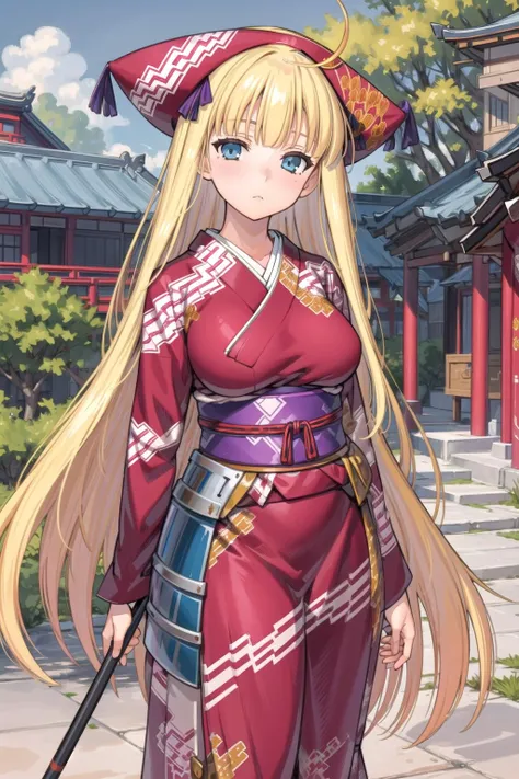 1girl, solo, masterpiece, best quality, highly detailed, illustration, rizna lanfbitt, outdoors, east asian architecture, standing, holding polearm, naginata, kimono, armor, hat, large breasts, ahoge, expressionless, <lora:Rizna:0.7>
