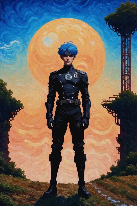 <lora:EnvyStarlightSwirlOilPainting01:1.25:hr=2>oil painting, cinematic still, victorian romance, anime style, bizarro world man, (full body:1.2), 1boy, man, bishounen, solo, [:fantastical costume design,:0.2] drone pilot, (dark skin:1.3), powderblue hair, (slim:1) build, great scifi megastructure at the beginning of time