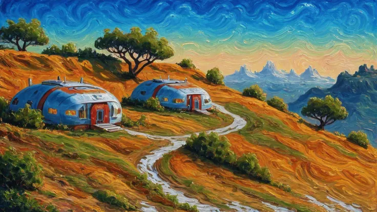 <lora:EnvyStarlightSwirlOilPainting01:1.25:hr=2>oil painting, cheerful retro 1950s scifi, hillside scifi settlement beyond the beginning of time