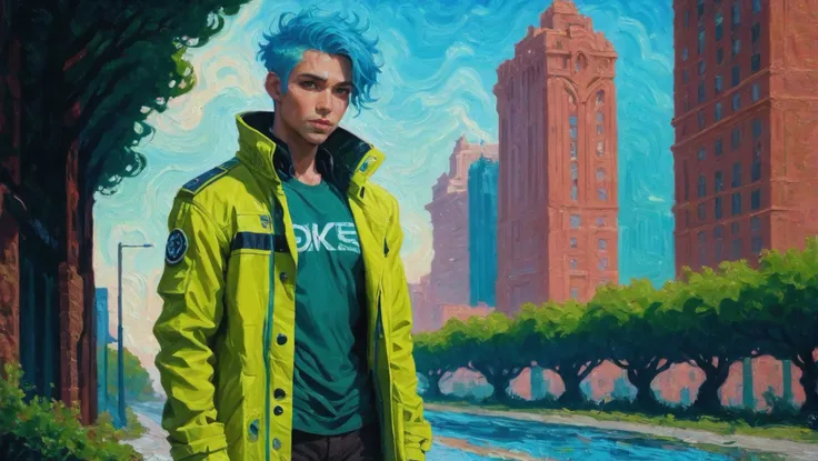 <lora:EnvyStarlightSwirlOilPainting01:1.25:hr=2>oil painting, ominous urban fantasy, (full body:1.2), 1boy, man, ruggedly handsome, solo, [:outlandish costume design,:0.2] netrunner, bright lime longcoat, caucasian, turquoise hair, (athletic:1) build, gargantuan,wonderous scifi arcology outside of the multiverse