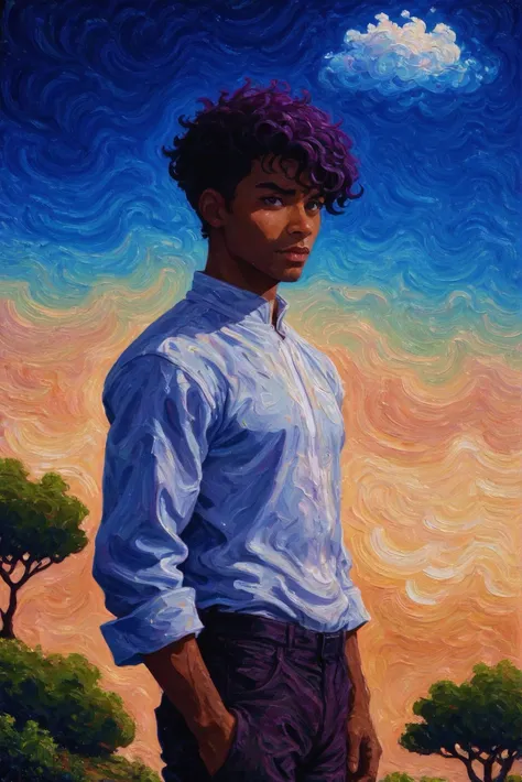 <lora:EnvyStarlightSwirlOilPainting01:1.25:hr=2>oil painting, lusty paranormal romance, anime style, expressionist man, (full body:1.2), 1boy, man, handsome, solo, [:creative costume design,:0.2] netrunner, (african, dark skin:0.6), dark violet hair, (solid:1.1) build, a pristine scifi cloud arcology edge of the universe, masterpiece