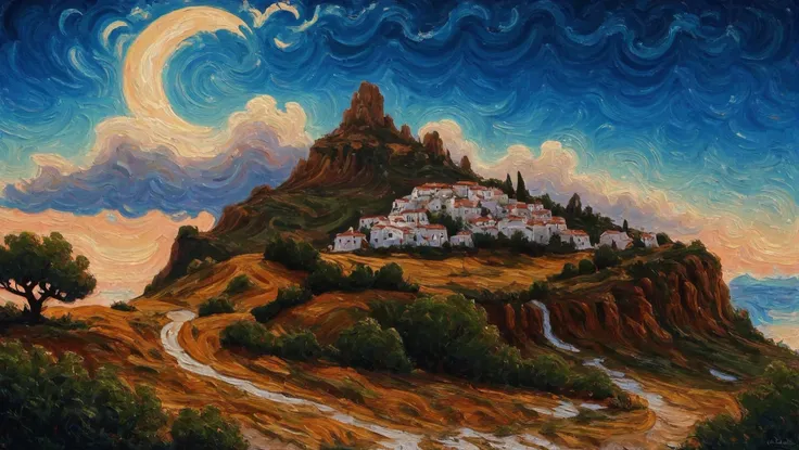 <lora:EnvyStarlightSwirlOilPainting01:1.25:hr=2>oil painting, ominous greek mythology, cloud scifi town in a Lunar Cusp Observation Sites