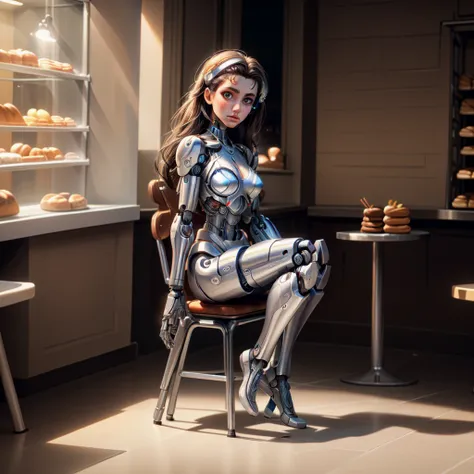 masterpiece, best quality,(full body:1.4),(cyborg 1girl:1.5),(realistic shadow),(sitting on a chair at bakery:1.5),(cross leg)