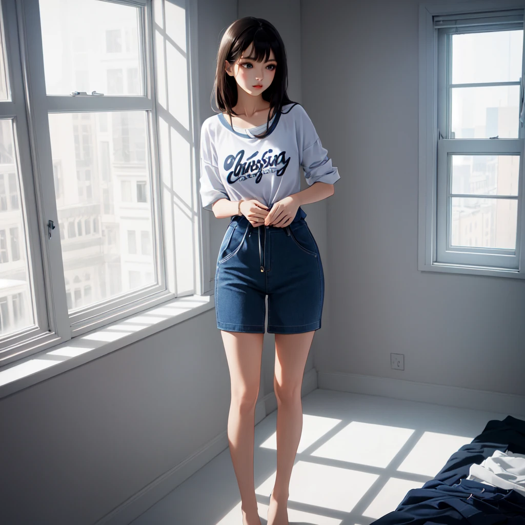 masterpiece, ultra quality,(full body),solo 1girl who exudes an air of elegance and grace,(looking through the window of bedroom:1.6),(fashion casual clothes:1.6),(colorful)