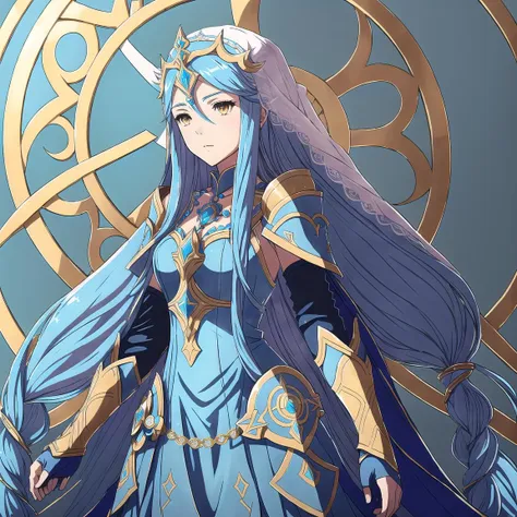 FE14, FE14-Style, Fire Emblem, Fire Emblem Fates, Azura, 1girl, azura (fire emblem), solo, long hair, blue hair, yellow eyes, jewelry, veil, gloves, simple background, very long hair, necklace, hair between eyes, dress, elbow gloves, fingerless gloves, pendant