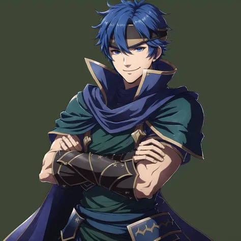 FE14, FE14-Style, Fire Emblem, Fire Emblem Fates, Smile, Ike (Fire Emblem), Ike (Fire Emblem: Fates), 1boy, male focus, ike (fire emblem), blue hair, solo, blue eyes, headband, cape, armor, gloves, crossed arms, simple background, smile, green background, shoulder armor