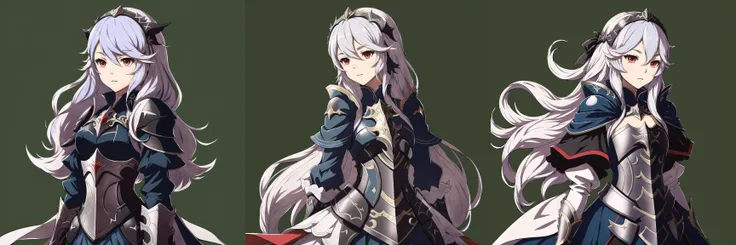 FE14, FE14-Style, Fire Emblem, Fire Emblem Fates, Corrin-F, 1girl, corrin (fire emblem) (female), solo, corrin (fire emblem), long hair, red eyes, armor, hairband, simple background, cape, black hairband, blue cape, hair between eyes, white hair, green background, pointy ears, puffy sleeves, upper body, closed mouth, juliet sleeves