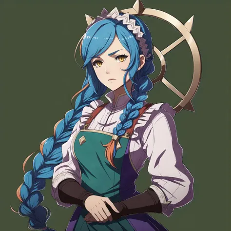 FE14, FE14-Style, Fire Emblem, Fire Emblem Fates, Human Sad, Lilith (Fire Emblem), Lilith (Fire Emblem: Fates), 1girl, solo, braid, blue hair, long hair, multicolored hair, yellow eyes, simple background, apron, red hair, single braid, green background, gradient hair, hair over shoulder, arms behind back, long sleeves, upper body