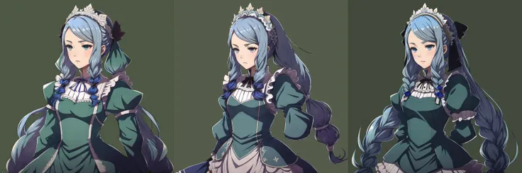 FE14, FE14-Style, Fire Emblem, Fire Emblem Fates, Flora, 1girl, solo, maid, maid headdress, blue hair, grey eyes, twintails, simple background, apron, puffy sleeves, juliet sleeves, long sleeves, long hair, green background, arms behind back, upper body, dress, maid apron