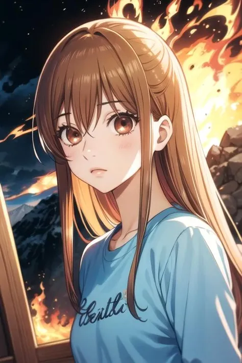 masterpiece, best quality, , 1girl, solo, looking at viewer, upper body, depth of field, <lora:chihaya_ayase:0.68>, chihaya_ayase, brown hair, brown eyes, , , The Mountain of Fire,