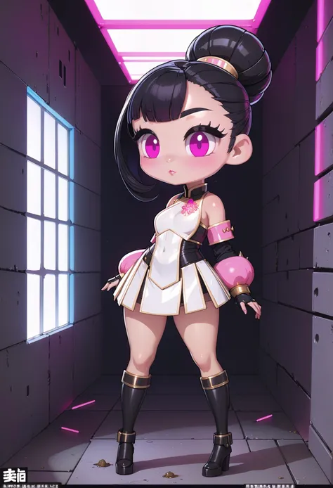 rough digital painting, (full body:1.25), 1girl, solo, [:formal costume design,:0.2] priest, pink (spiked steel plate gauntlets:1), (asian:1.3), bombshell neon black hair, Messy Bun,pixie cut, (average:1) build, simple background, moba character concept art, in a abandoned jail cell, bombshell hair, white hair, Side Part,bombshell curly hair, crossed legs<lora:EnvyCuteXL05Vibrance-lyco-e-000021:1>