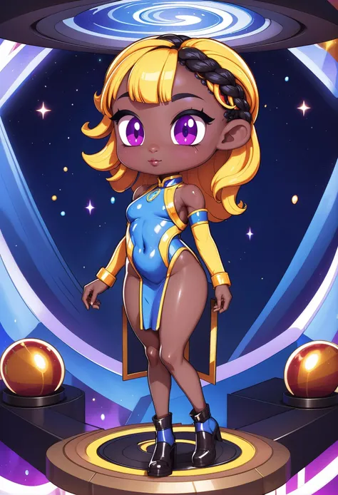 1girl, (butterscotch sapphire elementalist:1.3), (on a stellar, dank ship:1.3), full body, ultraviolet hair with black highlights, Dutch Braid, [:colorful costume design:0.2], (from above:1.45),muscular, medium breasts, tall, toned hourglass figure,(muscular legs:0.25), , ((china dress, shoulder cutout:1.2):1.2), (african, dark skin:0.6)<lora:EnvyCuteXL05Vibrance-lyco-e-000021:1>