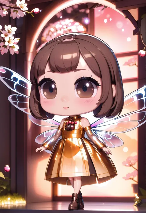 sunset skin, f/1.4 lens, bokeh, tiny Japanese Cherry tree fairy,insect wings, see-through gossamer, smug, in a fantastical, Swedish hallway, bombshell hair, muted brown hair, bob cut,Space Buns, all fours<lora:EnvyCuteXL05Vibrance-lyco-e-000021:1>