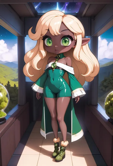 depth of field, 1girl, (monster girl:1.5), (vacuum tube technomancer:1.3), (in a sky room:1.3), full body, light blonde hair, bombshell curly hair, pastel forest green eyes, [:intricate, intricate costume design:0.2], (from above:1.8), wide hips, narrow waist, hourglass figure,, ((off shoulder shirt:1.3):1.2), (dark skin:1.3)<lora:EnvyCuteXL05Vibrance-lyco-e-000021:1>