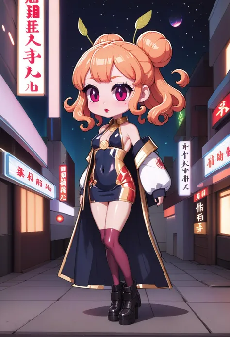 1girl, (leafy defender horizon walker:1.3), (in creepy downtown Tokyo:1.3), (full body:1.4), shiny sunset hair, Space Buns,bombshell curly hair, dark lipstick, , pose, [:casual, casual costume design:0.2], shawl, small breasts, narrow waist, tall, slim hourglass figure,, ((short skirt:0.5):1.2), japanese<lora:EnvyCuteXL05Vibrance-lyco-e-000021:1>