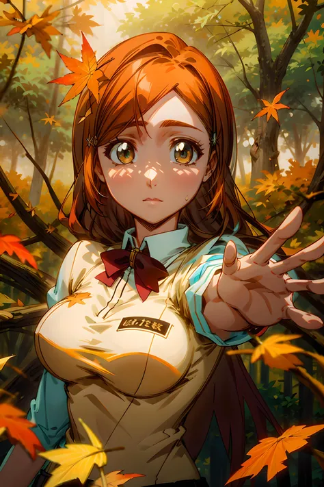 Anime girl with red hair and a bow pointing at something - SeaArt AI
