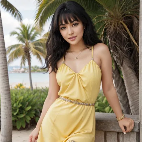 girl with blackhair, brown eyes, black cleopatra eyeliner, pink lips, wearing teasing, wearing yellow detailed short dress , hawai outdoor sun, posing,cute ass  sexy, sexy face , perfect face, perfect body, ultra-detailed face, ultra-detailed eyes, looking at viewver,  <lora:Cailey Lonnie:0.5> smile  <lora:Detailed Short Dress By Stable Yogi:0.4>