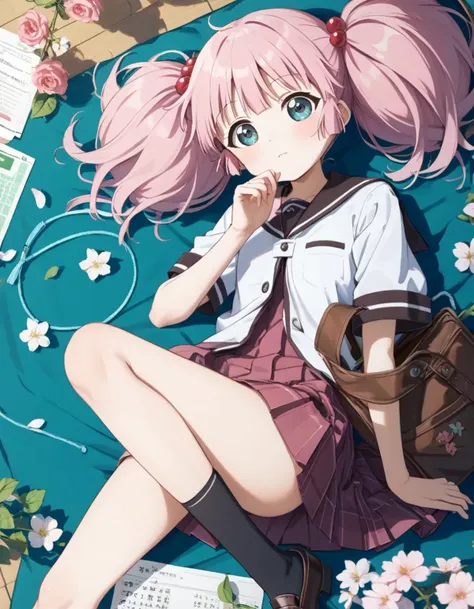 (score_9, score_8_up, score_7_up,source_anime,best quality,masterpiece,source_illust ),perfect anatomy,very aesthetic , absurdres ,intricate illustration ,ultra-detailed illustration,BRAKE, 1girl, <lora:yoshikawa_chinatsu_yryr_v2_pony:shikawa_chinatsu,pink hair,school uniform,yuru yuri,black socks,lying,one leg up,from above,hand up
