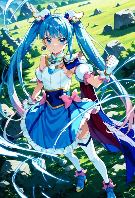 score_9, score_8_up, score_7_up, rating_explicit, best quality, masterpiece, uncensored
source_anime, official art, official style, anime screencap, anime coloring, megami magazine, (ai-generated:0.5),
BREAK
curesky,
earrings, brooch, multicolored clothes,
puffy detached sleeves, bare shoulders, cape, white fingerless gloves,
blue skirt, pink bow,
white thighhighs, blue footwear,
blue eyes, symbol in eye:1.1,
multicolored hair, blue hair, pink hair, twintails, very long hair, flat chest
BREAK
solo, upper body, high-angle view:1.2, looking at viewer:1.3,
standing on the rock, clenched hands:1.4, wide stance,
(blue aura:1.1, aura),
wind, floating hair,
sirius,
(outdoors, rock, panorama), blurry background
<lora:Fixhands_anime_bdsqlsz_V1:0.3>
<lora:pony_curesky:1>