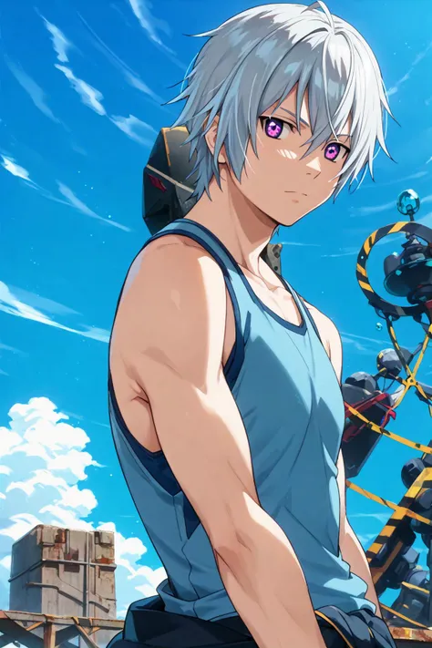 ledo\(gargantia\), score_9, score_8_up, score_7_up, source_anime, 1boy, looking at viewer, solo, purple eyes, grey hair, male focus, blue tank top, clothes around waist, blue sky, high seas, <lora:Gargantia_Ledo-XLPony:1>
