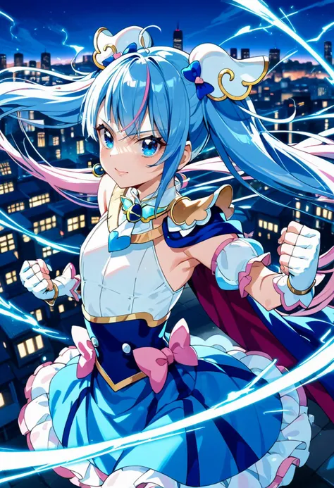 score_9, score_8_up, score_7_up, rating_explicit, best quality, masterpiece, uncensored
source_anime, official art, official style, anime screencap, anime coloring, megami magazine, (ai-generated:0.5),
BREAK
curesky,
brooch, multicolored clothes,
puffy detached sleeves, bare shoulders, cape, white fingerless gloves,
blue skirt, pink bow,
blue eyes, symbol in eye:1.1,
multicolored hair, blue hair, pink hair, twintails, very long hair, flat chest
BREAK
solo, portrait:1.2,
standing, fighting:1.1, fighting stance, clenched hand,
(blue aura:1.1, aura, energy),
wind, floating hair,
sirius, looking at viewer:1.1,
(outdoors, night:1.1, night sky:1.1, city, dark), blurry background
<lora:Fixhands_anime_bdsqlsz_V1:1.0>
<lora:pony_curesky:1>