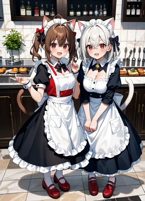 score_9, score_8_up, score_7_up ,source_anime masterpiece, best quality, perfect anatomy , very aesthetic , official art,BRAKE
2girls, :d, ahoge, animal, animal ears, apron, bell, black dress, black bow, blush, bow, brown hair, brown eyes, cat ears, cat girl, cat tail, cleavage cutout, clothing cutout, dress, full body, hair between eyes, hair bow, hand up, jingle bell, long hair, long sleeves, looking at viewer, maid, maid apron, maid headdress, medium hair, multiple girls, neck bell, no headwear, open mouth, puffy short sleeves, puffy sleeves, red bow, red eyes, red footwear, red vest, shadow, shirt, short sleeves, smile, tail, white apron, white hair, white shirt