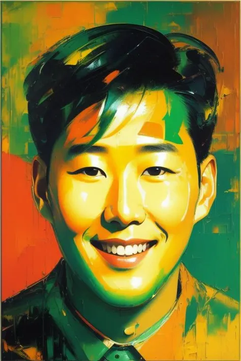 face portrait of sonheungmin, smile, makeups, impression , abstract, ((oil painting by John Berkey)) brush strokes, negative space, green and orange tone,  <lora:hmsonLORA:1.3>