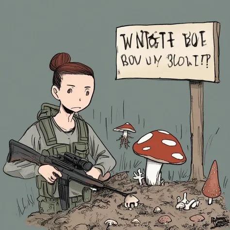 hair bun, bone, 1boy, sign, mushroom, monster, bird, food, rifle