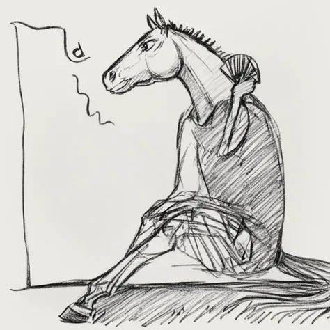 holding fan, sketch, lizard, profile, 1girl, beamed eighth notes, power lines, sitting, horse
