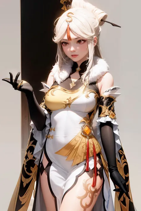 masterpiece, best quality, <lora:ningguang:1>,1girl, ningguang (genshin impact) , long hair,white hair,hair stick,hair ornament,red eyes,jewelry, vision \(genshin impact\), chinese dress, gloves, claw ring,tassel,bare shoulders, fur collar,fur trim,detached sleeves, leg tattoo,tattoo, pelvic curtain,sidelocks, grey background, simple background,