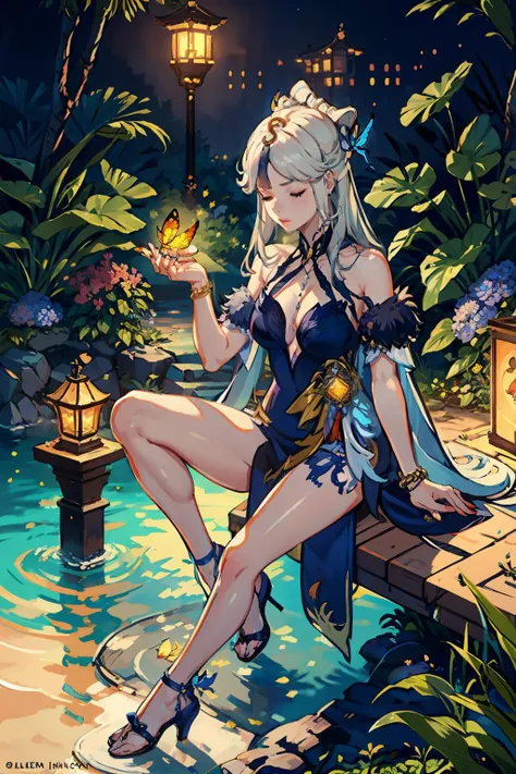 masterpiece, best quality, <lora:ningguang:1>,1girl, breasts, ningguang (genshin impact), long hair, white hair, bug, dress, sitting, butterfly, solo, cleavage, official alternate costume, jewelry, blue dress, closed eyes, hair ornament, high heels, very long hair, bangs, lantern, water, parted bangs, large breasts, bracelet, full body, nail polish, bare legs, legs, bare shoulders, closed mouth, blue butterfly, tassel, plant, hand up, tassel hair ornament, night, halterneck, sandals, half updo, sidelocks, medium breasts, side slit, flower, thighs
