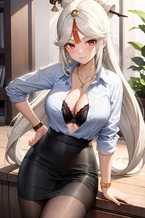 masterpiece, best quality,  <lora:ningguang:1>,1girl, ningguang (genshin impact), skirt, solo, pantyhose, breasts, long hair, red eyes, bra, office lady, underwear, jewelry, looking at viewer, shirt, pencil skirt, black skirt, black bra, white shirt, white hair, smile, watch, large breasts, necklace, contemporary, hand on hip, cleavage, parted bangs, bangs, black pantyhose, alternate costume, bra peek, wristwatch, very long hair, hair ornament, collared shirt, side slit, long sleeves, sidelocks, closed mouth, multicolored hair, red hair, blush, shirt tucked in, earrings, indoors, high-waist skirt, dress shirt, brown pantyhose, ring, lace trim, bracelet
