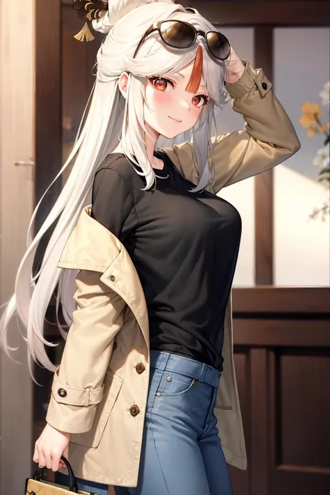 masterpiece, best quality, <lora:ningguang:1>,1girl, ningguang (genshin impact), eyewear on head, long hair, solo, sunglasses, looking at viewer, breasts, smile, bag, blurry background, hair bun, red eyes, blurry, white hair, open clothes, shirt, black shirt, coat, long sleeves, sidelocks, handbag, single hair bun, very long hair, bangs, closed mouth, brown coat, parted bangs, alternate costume, arm up, contemporary, large breasts, casual, from side, pants, hair ornament, blush, shoulder bag, jacket, half updo, brown jacket, depth of field, open coat, adjusting eyewear, multicolored hair, medium breasts, looking to the side, open jacket, cowboy shot, hair stick