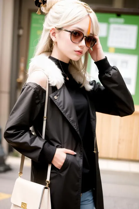 masterpiece, best quality, <lora:ningguang:1>,1girl, ningguang (genshin impact),white hair, long hair, solo, sunglasses, looking at viewer, breasts, smile, bag, blurry background, hair bun, red eyes, blurry, white hair, open clothes, shirt, black shirt, coat, long sleeves, sidelocks, handbag, single hair bun, very long hair, bangs, closed mouth, brown coat, parted bangs, alternate costume, arm up, contemporary, large breasts, casual, from side, pants, hair ornament, blush, shoulder bag, jacket, half updo, brown jacket, depth of field, open coat, adjusting eyewear, multicolored hair, medium breasts, looking to the side, open jacket, cowboy shot, hair stick,(kbxll:0.7)