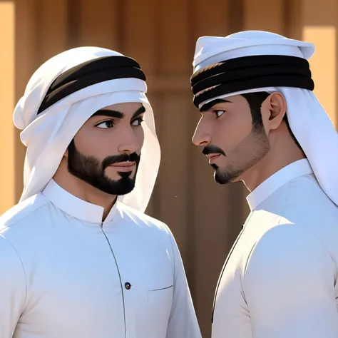 2boys, 3D, ultra quality, highly detailed <lora:Arab Style Real:0.55>, cap, arabe, bone, Kandoora with Igal, wearing a Tarboosha, Na â Aal, body, Kandoora, white dress, ring on hat, black, a man wearing a pink and white patterned head scarf, mohamed chahin, arab ameera al taweel, arab ameera al-taweel, khyzyl saleem, shabab alizadeh, saadane afif, riyahd cassiem, ameera al-taweel, high quality portrait, kyza saleem, anime,
