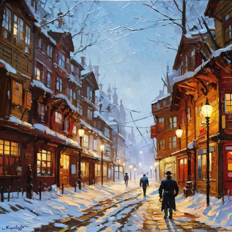 a painting of a man walking down a snowy street, inspired by Vladimir Makovsky, inspired by Vasily Surikov, inspired by Nikolay Makovsky, inspired by Aleksandr Ivanovich Laktionov, inspired by Konstantin Makovsky, inspired by Yuri Ivanovich Pimenov, inspired by Tibor Rényi, soviet paintings, inspired by F Scott Hess <lora:Slava Ilyayev:0.5>, <lora:pollock:0.5>