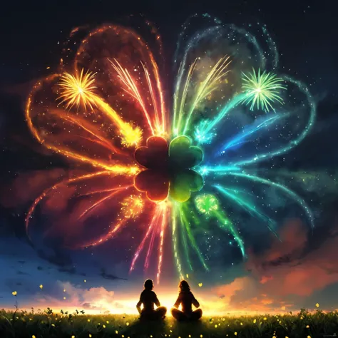 Light painting art creation, depicting (Celtic:1.2) culture, four-leaf clover, four-leaf, four Leaf clover shaped fireworks filling the sky, rainbow, people sitting watchin, <lora:SparkleYourName:0.5>
