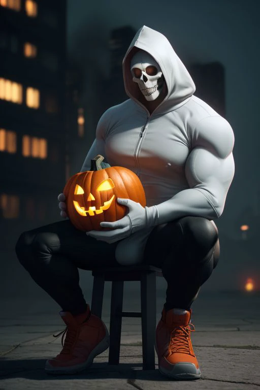 (fullbody portrait), handoseme man, vintage fake skeleton unitard costume, seated in a pumpkin, detailed eyes, bodybuilder , night city background), visible bulge, fog, nightime, masterpiece, volumetric light, unreal engine, 3D Render, realistic skin, depth of field, award winning, 3D Render, Octane Render, Global Illumination, Color Grading, Realistic, Photo, Unreal Engine, Colorful, blurry background