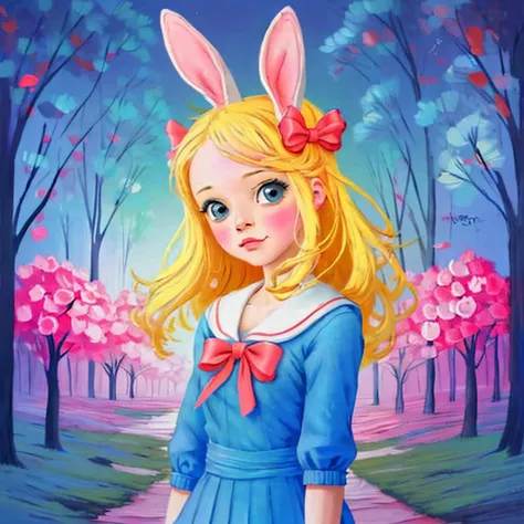 digital artwork, 1girl, anime kawaii, blonde school girl with bunny ears, celestial, cute, adorable, whimsical, contour, mysterious, <lora:Slava Ilyayev:0.75> <lora:nceccoli3:0.75>