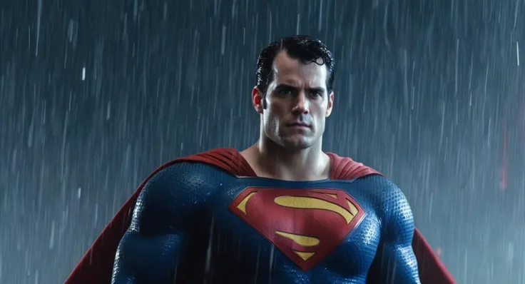 concept art of Cinematic Film stock footage in (arri alexa style) Kodak film print, <lora:Superman:1> Superman a man in a superman costume in the rain with red eyes heat vision, digital artwork, illustrative, painterly, matte painting, highly detailed