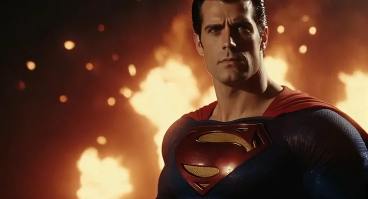 cinematic film still of Cinematic Film stock footage in (arri alexa style) Kodak film print, <lora:Superman:1> Superman a man with red eyes Heat Vision fiery optic blasts, shallow depth of field, vignette, highly detailed, high budget, bokeh, cinemascope, moody, epic, gorgeous, film grain, grainy